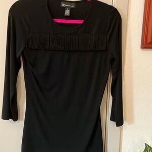 INC Black 3/4 Sleeve Top With Fringe Sewn in across the Chest Size M